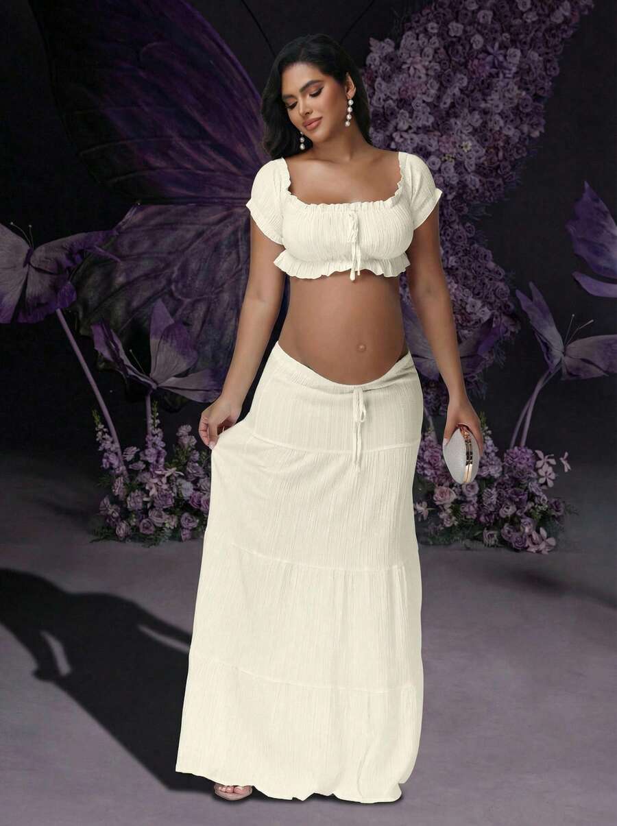 Irresista 孕妇露肩荷叶边短款上衣和飘逸长裙套装 2 件套，适合拍照、海滩 - 杏色 - 查看 1