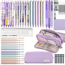50pcs Morandi Stationery Set, Large Capacity Pencil Case, 6pcs Black Ballpoint Pens, 6pcs Morandi 0.5mm Color Pens, 12pcs Gradient Highlighters, Memo Pads, Erasers, Ruler, Cute Office & School Supplies, Unisex Gift, Back To School - Other Color - View 14