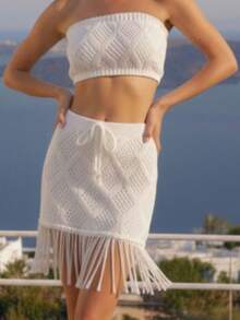 Conjunto Saída de Praia Feminino Tricô Verão Saia com Franja e Top Redando Crochê Elegante - Bege - Visão 4
