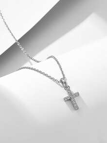 1件S925纯银极简欧美风水钻十字架吊坠项链，精致锁骨链，女士精美礼物 - Cross - 查看 10