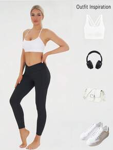 Women V-Cross Waist Tight Sport Pants Lift Buttocks Fitness Yoga Leggings High Waist Compression Workout Leggings, Criss-Cross Waist, Tummy Control, Pockets, Stretchy Fabric For Gym, Running, Training, Yoga Tights - 黑色 - 查看 7