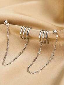 1 par de pendientes con borlas de metal de moda y sencillos, pendientes de oreja con cadena para mujeres, para uso diario y como regalo - Plateado - Ver 3