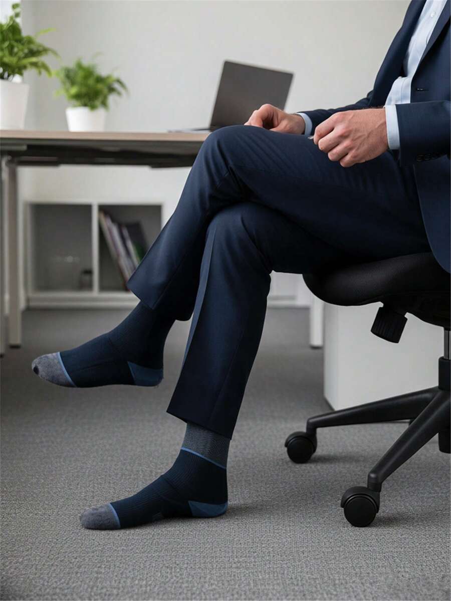 1 Pair Men's Socks, Spring/Autumn, Gentleman Business Style, Blue Striped & Black Jacquard Pattern, Reinforced Sole, Mid-Calf Length - Grey - View 1