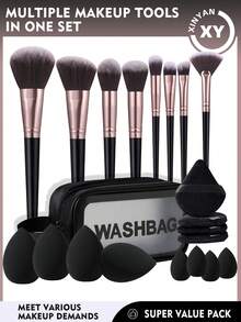 21PCS Makeup Tools Set Including:8PCS Makeup Brush Set+1pc Multi-Functional Zipper Toiletry And Cosmetic Bag Waterproof+4PCS Makeup Sponges+4PCS Mini Makeup Sponges+4PCS Triangle Powder Puffs - Black - View 1