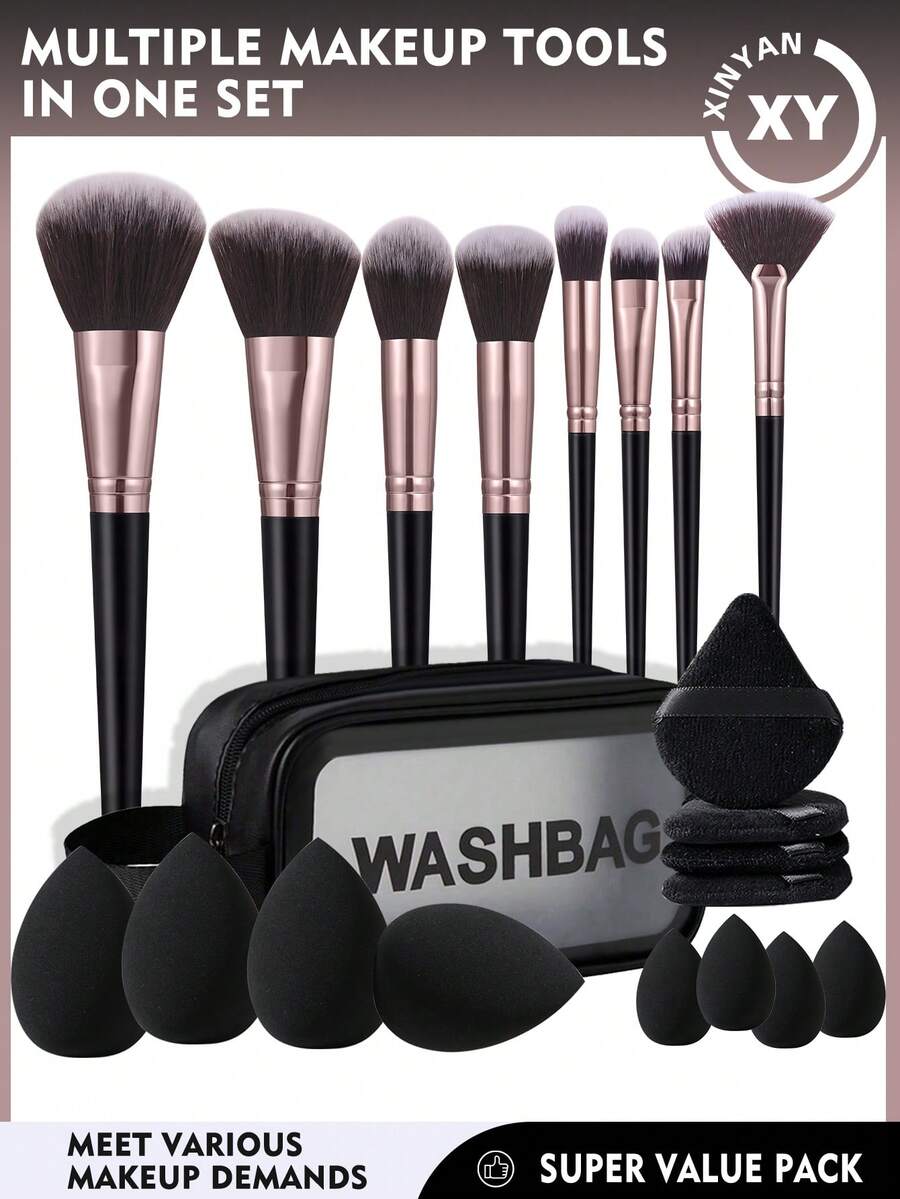 21PCS Makeup Tools Set Including:8PCS Makeup Brush Set+1pc Multi-Functional Zipper Toiletry And Cosmetic Bag Waterproof+4PCS Makeup Sponges+4PCS Mini Makeup Sponges+4PCS Triangle Powder Puffs - Black - View 1