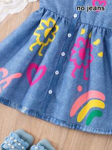 BASUSARRI 女童无袖纽扣开襟衫连衣裙,数码3D印花效果仿口袋心形图案收腰休闲衬衫裙,百搭时尚 - 藍色 - 查看 6