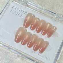 Ice Translucent Honey Peach Nude Ombre Cat Eye Press-On Nails - 短梯 - 查看 2