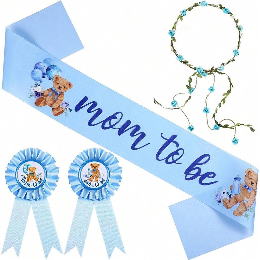 Decorações para Chá de Bebê com Tema de Animais da Floresta - Faixa de Maternidade, Broche de Papai e Tiara de Coroa de Flores. Adorável faixa de cetim para chá de bebê, ideal para revelação de gênero, lembrancinhas e acessórios para gestantes. - Azul - Ver 1