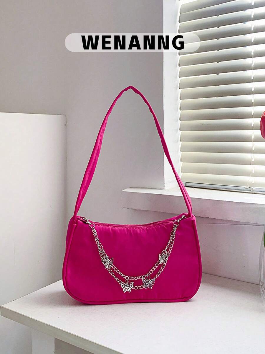 Mini Neon Pink Butterfly & Chain Decor Bag Pink - Pink - View 1