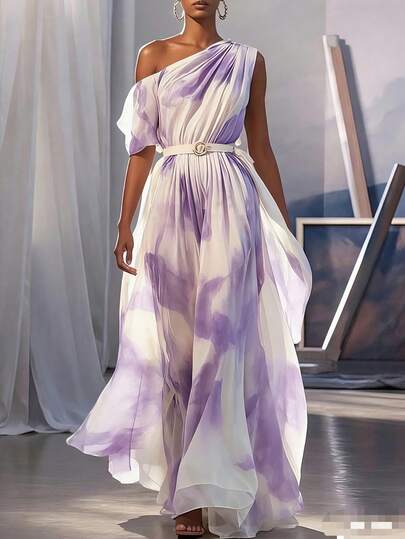 Vestido de noche formal asimétrico de hombro, de estilo bohemio, de gasa suave y fluida, sin cinturón