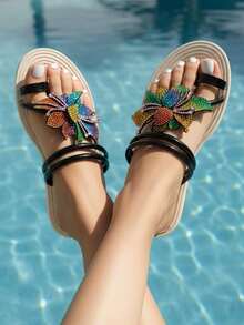 Nuevas sandalias planas de estilo casual y vacacional para mujer, con punta abierta y sin cordones, decoradas con rhinestones de colores y adornos florales, adecuadas para uso casual, de fiesta, playa, cómodas y estables - Negro - Ver 3