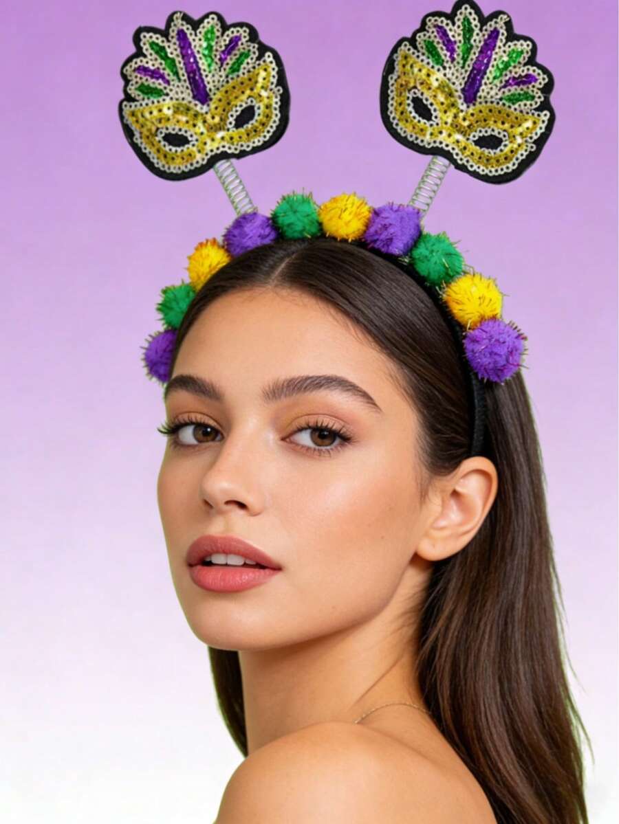 1pc Carnival Glitter Face Mask Headband, Carnival Party Decorative Headpiece - Multicolor - View 1