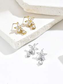 1 Pair Luxury Floral Zirconia Pendant Earrings, Unique Elegant Earrings Suitable For Women's Banquet, Party, Daily Wear, Holiday Gift - Earring - View 9
