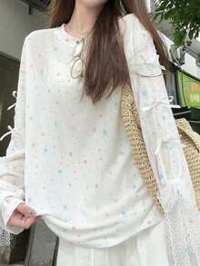 女士星形印花长袖T恤，宽松蝴蝶结设计，春夏返校季新款 - 白色 - 查看 1