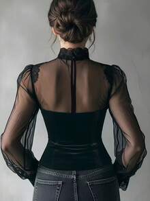 Women's Classic Elegant Mesh, Velvet & Lace Patchwork Blouse - Black - View 4
