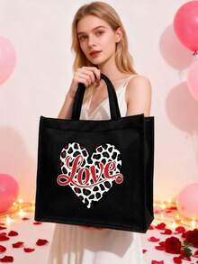 Large Capacity Women's Tote Bag Features Valentine's Day Heart Pattern And Love Letter Print, Black Multi-Functional Shoulder Bag, Stylish Portable Handbag - Multicolor - View 3