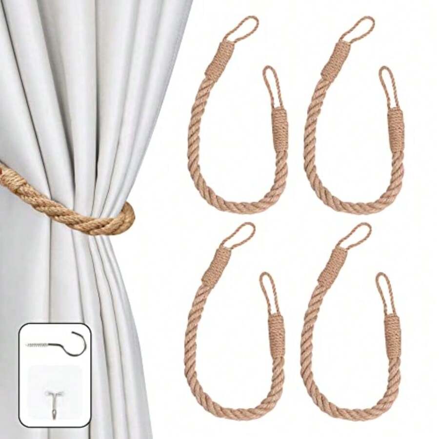4-Piece Curtain Tiebacks With Twisted Hemp Rope - Decorative Handmade Holdbacks For Curtains Khaki - 4 - View 1