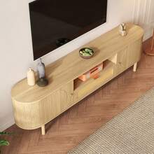 Modern TV Cabinet With Rattan Drawers With Open Compartments, Rounded Tabletop, Metal Legs In Wood Look, Multifunctional Living Room Furniture.