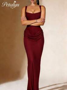 Fitted Fishbone Halter Maxi Dress, Slim-Fitting Solid Color Bodycon Dress, Suitable For Formal Occasions Such As Weddings, Parties, Banquets, And Evening Gowns With Long Trains. - Gỗ đỏ - Xem 2