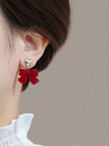 1 Pair Retro Cute Sweet Heart & Bow Stud Earrings, Suitable For Teenage Girls, Valentine's Day And Daily Wear - Heart-shaped Bow - View 2
