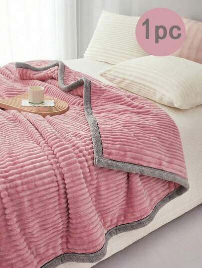 1pc Polyester Solid Color Striped Letter Throw Blanket, Suitable For Autumn/Winter, Gift, Bedroom & Living Room Decor