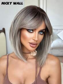 NICKY WALL 16英寸灰色渐变波波头假发，短直发带刘海，高密度耐热合成纤维，适合日常、派对、节日等场合，新手友好，无需胶水，无痕，绝佳礼物 - 漸變灰色 - 查看 5