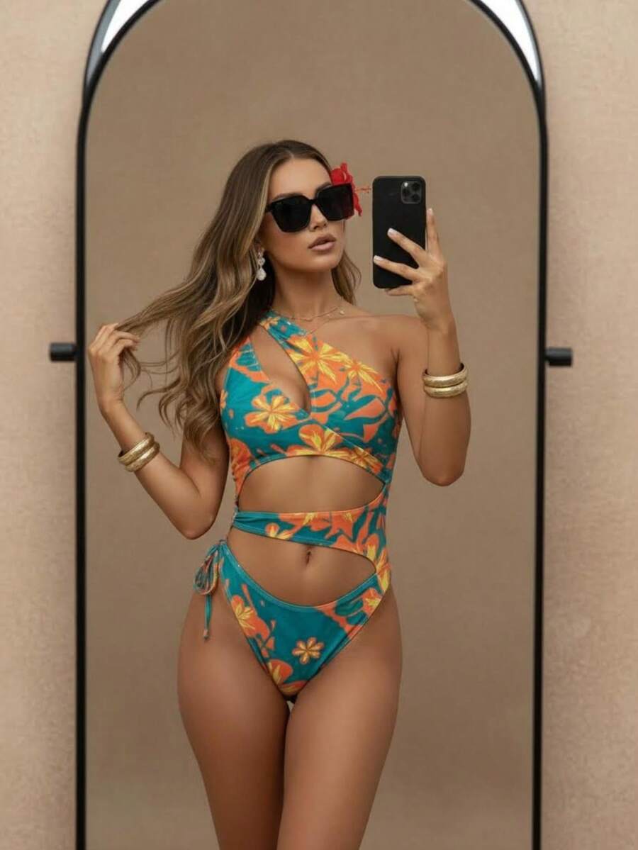 Đồ bơi một mảnh mùa hè màu trơn, thiết kế hở một bên vai gợi cảm, kỳ nghỉ ở bãi biển