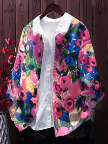 3D Floral Print Cardigan - Flower Pattern, Button Front Design, Lightweight Sweater, Suitable For All Seasons, Loose Casual Jacket, Structured Silhouette Vacation - Hot Pink - View 6