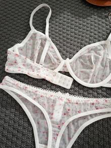 3件套女士纯色及花卉印花蝴蝶结装饰钢圈软杯舒适文胸套装 - 白色 - 查看 6