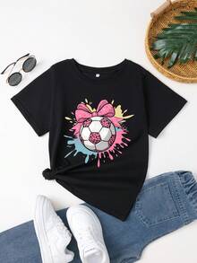 Bow Pink Leopard Soccer Pattern Print Girl's T-Shirt, 100% Cotton Black Color Girls' T Shirt, Casual Adorable Toddlers Sports Shirts - 黑色 - 查看 1