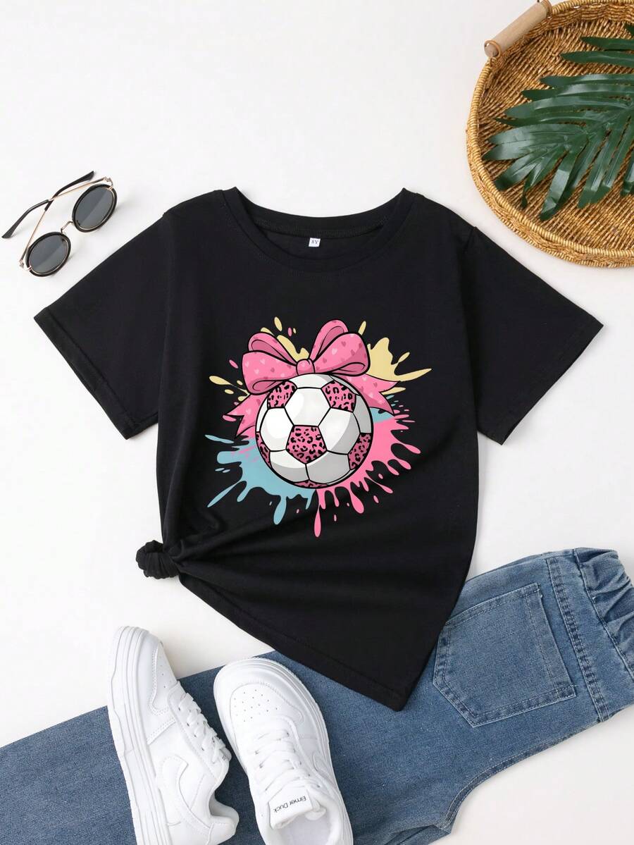 Bow Pink Leopard Soccer Pattern Print Girl's T-Shirt, 100% Cotton Black Color Girls' T Shirt, Casual Adorable Toddlers Sports Shirts - 黑色 - 查看 1