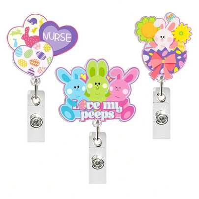 1个复活节兔子造型徽章夹，适合护士佩戴。可爱的兔子、彩蛋和爱心闪光徽章夹，非常适合开学季。