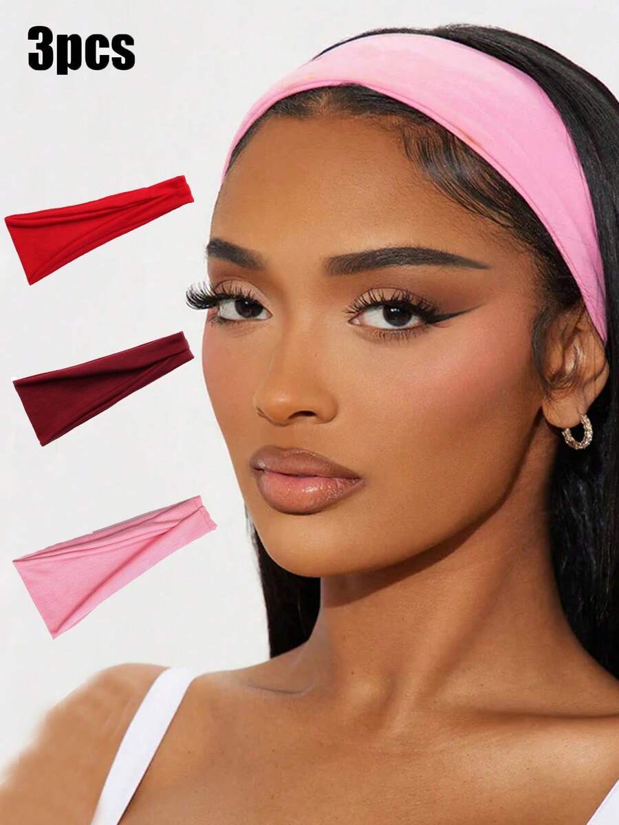 3pcs Bright Color Fashion Simple Versatile Headbands, Suitable For All Seasons, Sports & Fitness Hair Accessories - Red + Wine Red + Pink - View 1