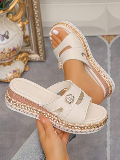 Women's Plus Size 36-43 Summer Rope Bottom Platform Thick Bottom Slip-On Sandals, Daily Wear, Increase Height, White, Black, Beige, Women's Wedge Thick Bottom Sandals