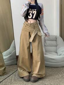 复古美式宽松腰部喇叭裤工装牛仔裤 - 卡其色 - 查看 3