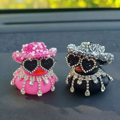 1/2pcs Rhinestone Rubber Duck Car Decorations | Cute Dashboard Ornaments With Stylish Glasses-Like Eyes And Beak Great Gift Idea