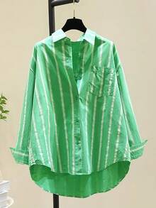 Unique Design Green Striped Blouse For Women, Spring New Loose-Fit Slimming Casual Top, Polyester Pleated/Ruffle Striped Shirt, Travel Spring Summer Autumn Winter