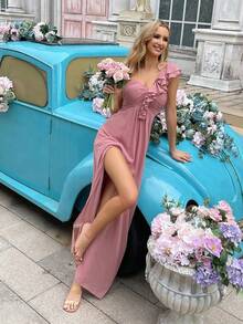 QOQ 甜美优雅的粉色单肩荷叶边开衩伴娘礼服 - 粉色 - 查看 6