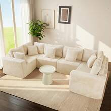 Sectional Cloud Couch For Living Room, Modular Floor Sofa With Plush Corduroy, No Assembly Required, Big Comfy Couches Set With Fluffy Memory Foam, Stupendous U Shaped Sofas With Chaise,Freely Configurable Layout - 米色 - 查看 5