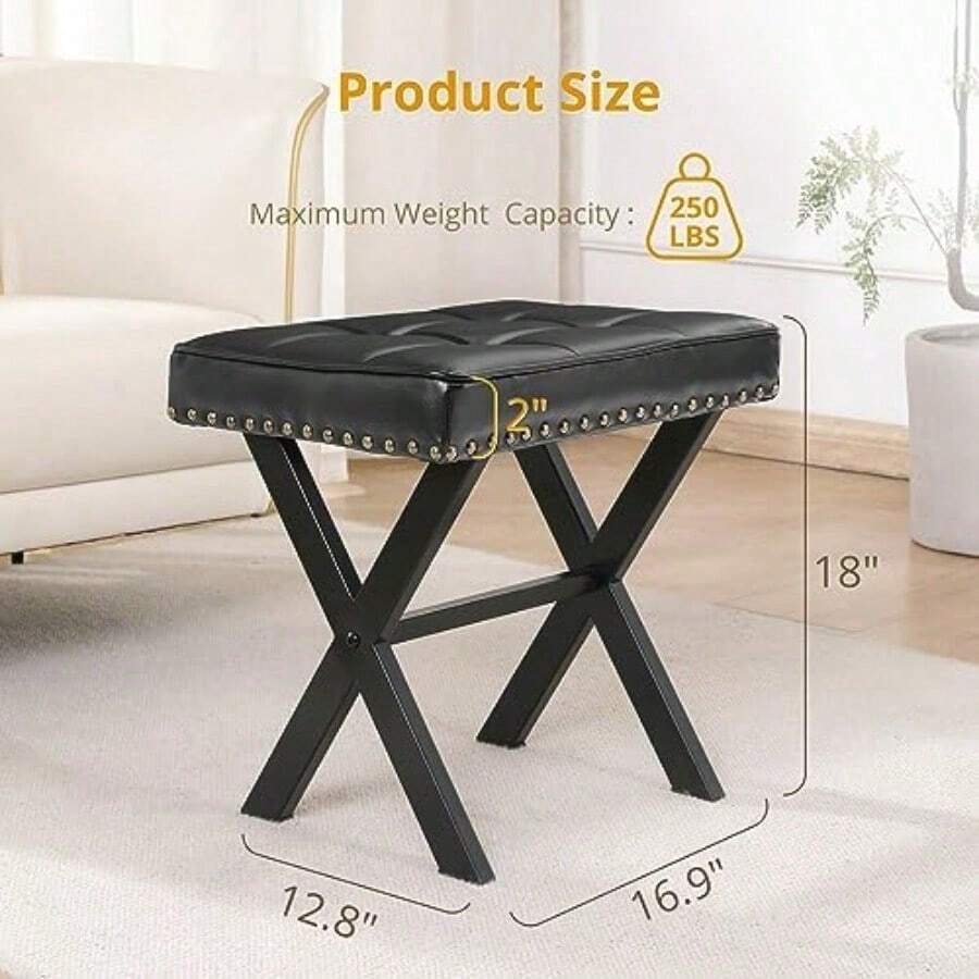 LUE BONA - Taburete de cambiador cua de piel sintética con patas de metal X silla otomana pequeña para sala de  sala de estar reposapiés acolchado moderno color - Negro-1-gro - Ver 1