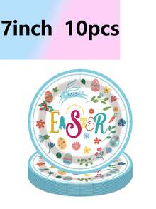 10pcs Easter Bunny & Egg Theme Party Supplies, Including Plates, Cups, Napkins, Camping/Travel Essentials, Birthday, Wedding, Banquet - Multicolor - View 2