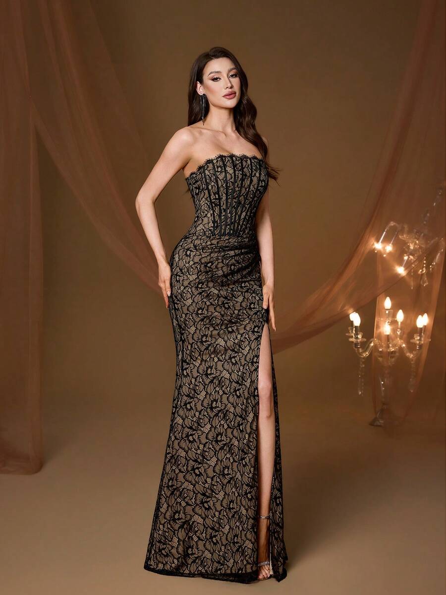 Elegant Strapless Corset Fitted Mermaid Evening Gown, Black Floral Lace Sheer Mesh Slit Long Dress, Formal Wedding Guest Ball Party Holiday Outfit - Black - View 1