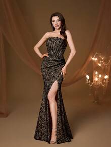 Đầm phù dâu không dây vai bằng ren thanh lịch mới với viền xếp ly và dây buộc ren, xẻ tà cao, phù hợp cho dạ hội, đám cưới, tiệc tùng, khách dự đám cưới, váy dạ hội mùa xuân. - màu đen - Xem 6