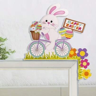1pc Charming Bicycle Easter Bunny Wooden Corner Decor - Colorful Frame And Wall Decor With "Happy Easter" Sign, Flowers And Eggs - Ideal For Home, Office And Party Decoration