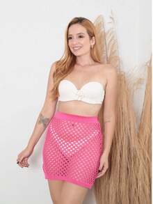 Kit 2 Saias Vazada Saída De Praia Tricot Moda Feminina Verão Biquíni Tricô Moda Piscina - Pink - Visão 4