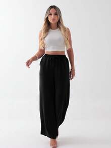 Women's Duna Fabric Wide Leg Pants With Elastic Waistband, Loose Fit, With Pocket, Summer, Spring, Casual, Simple, Vacation - 黑色 - 查看 3