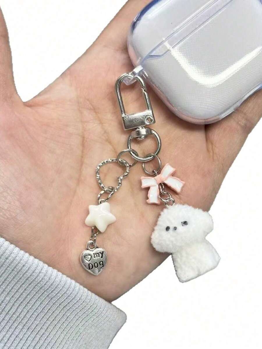 1 móc khóa hình cún con hoạt hình dễ thương, có nơ và ngôi sao, dùng làm phụ kiện túi xách, đồ dùng du lịch Kawaii - Nhiều màu - Xem 1