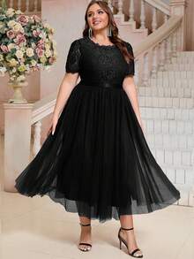 女士大码纯色优雅鸡尾酒连衣裙，网纱透视刺绣蕾丝拼接，适合约会之夜、可爱派对、正式晚宴、婚礼、春夏秋季等场合。 - 黑色 - 查看 3