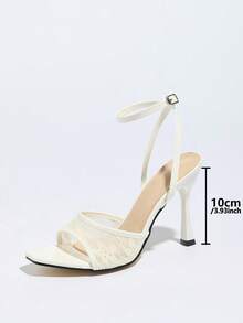 女士高跟蕾丝网眼印花穆勒鞋，透气舒适，适合春夏派对、聚会、户外活动，时尚优雅的宴会束腰带方头细高跟鞋，性感露趾凉鞋搭配高品质亮面纯色交叉细带优雅高跟鞋 - 白色 - 查看 5