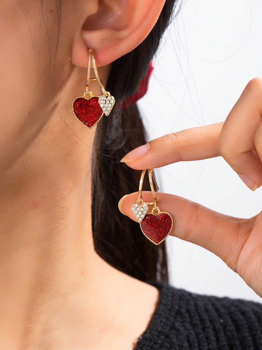 1 Pair Elegant Heart Pendant Earrings - Unique Minimalist Design For Women, Suitable For Daily Wear And Valentine's Day Gift - Red - View 1